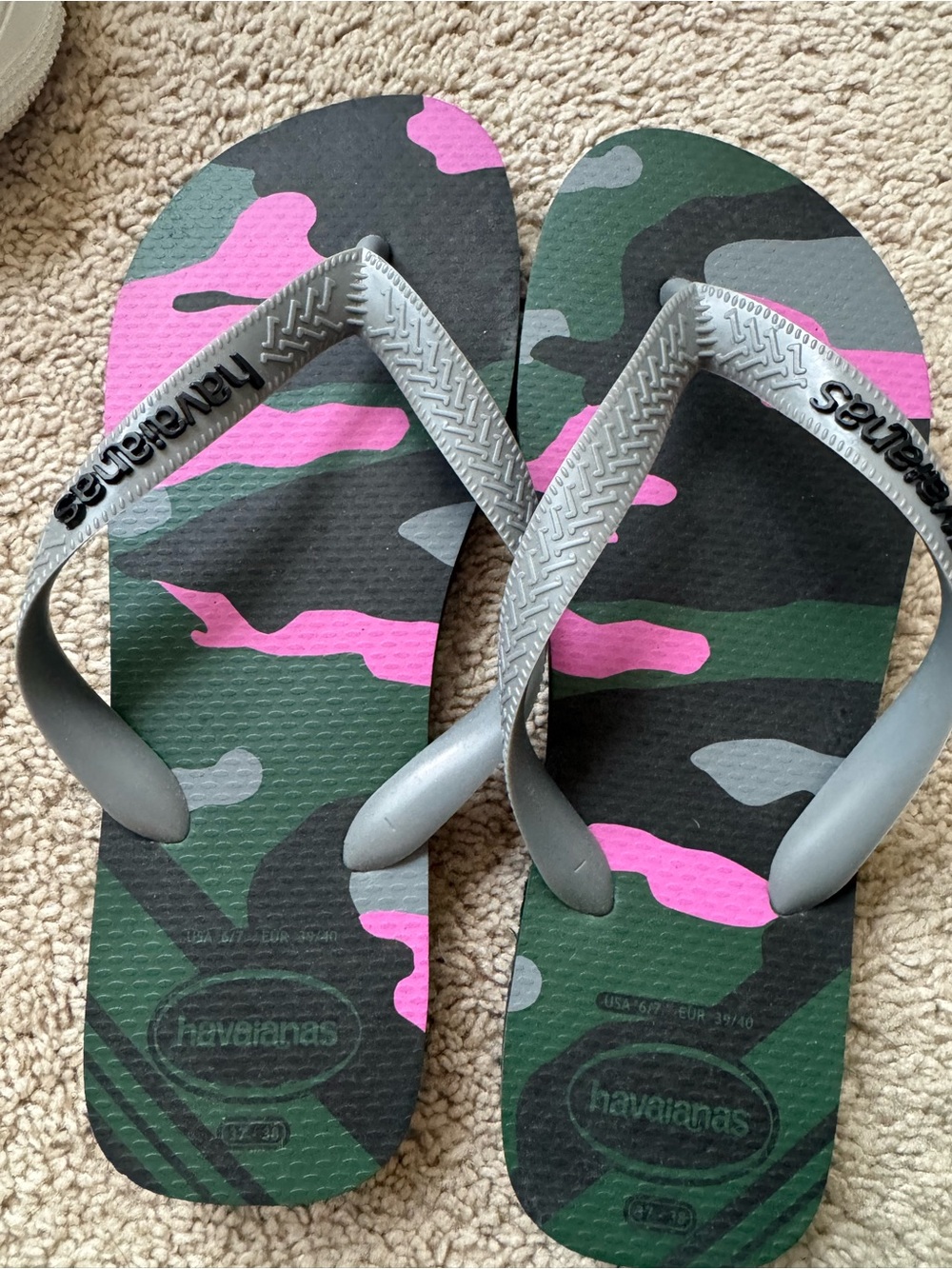 Havaianas Green Camo Flip Flops with Pink Accent